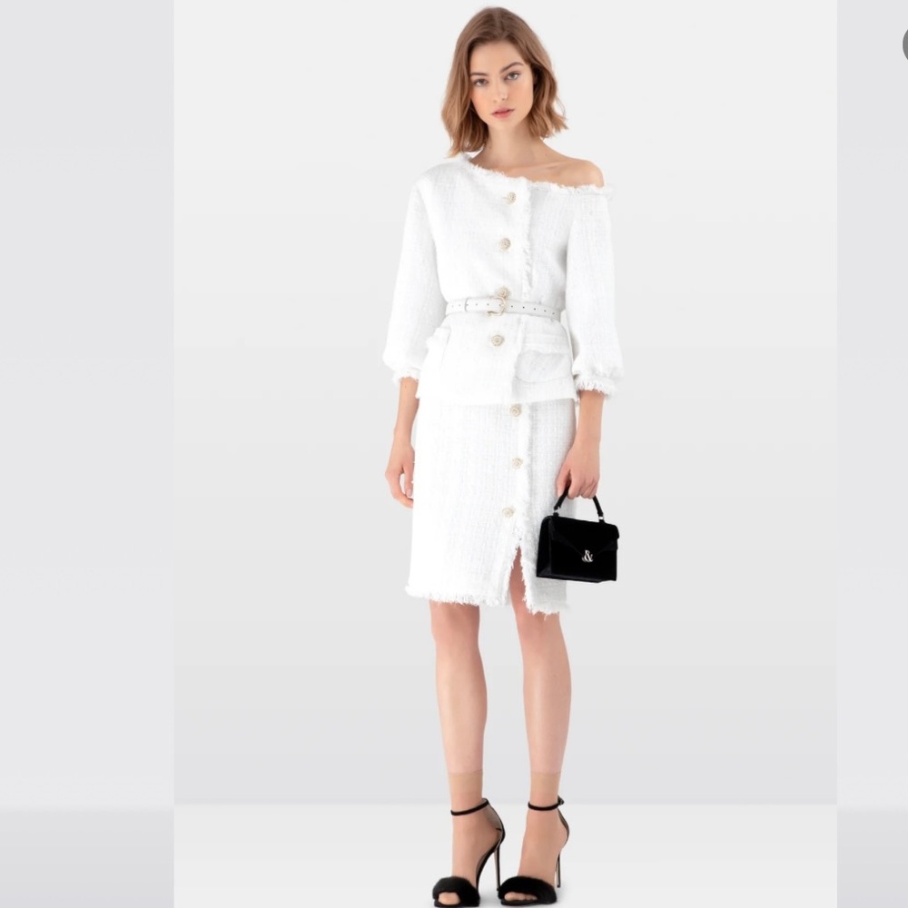 Ralph & Russo White Sequin Tweed Skirt Suit Set